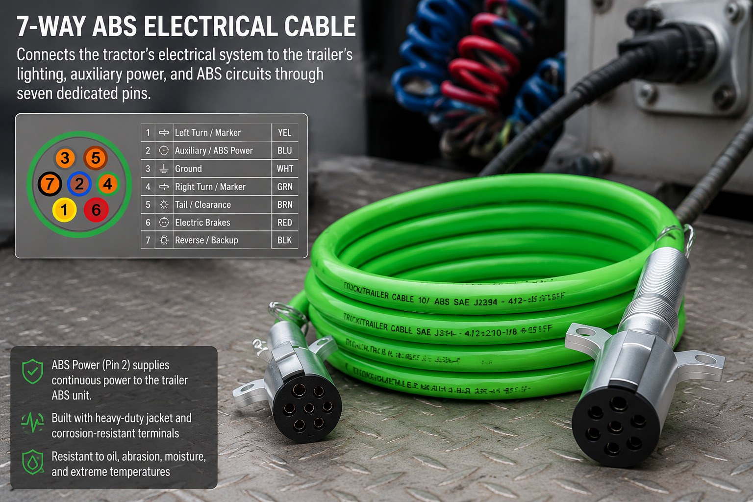 7-way ABS electrical cable pin configuration and rugged construction 7-way ABS electrical cable showing 7-pin plug and heavy-duty weather-resistant jacket