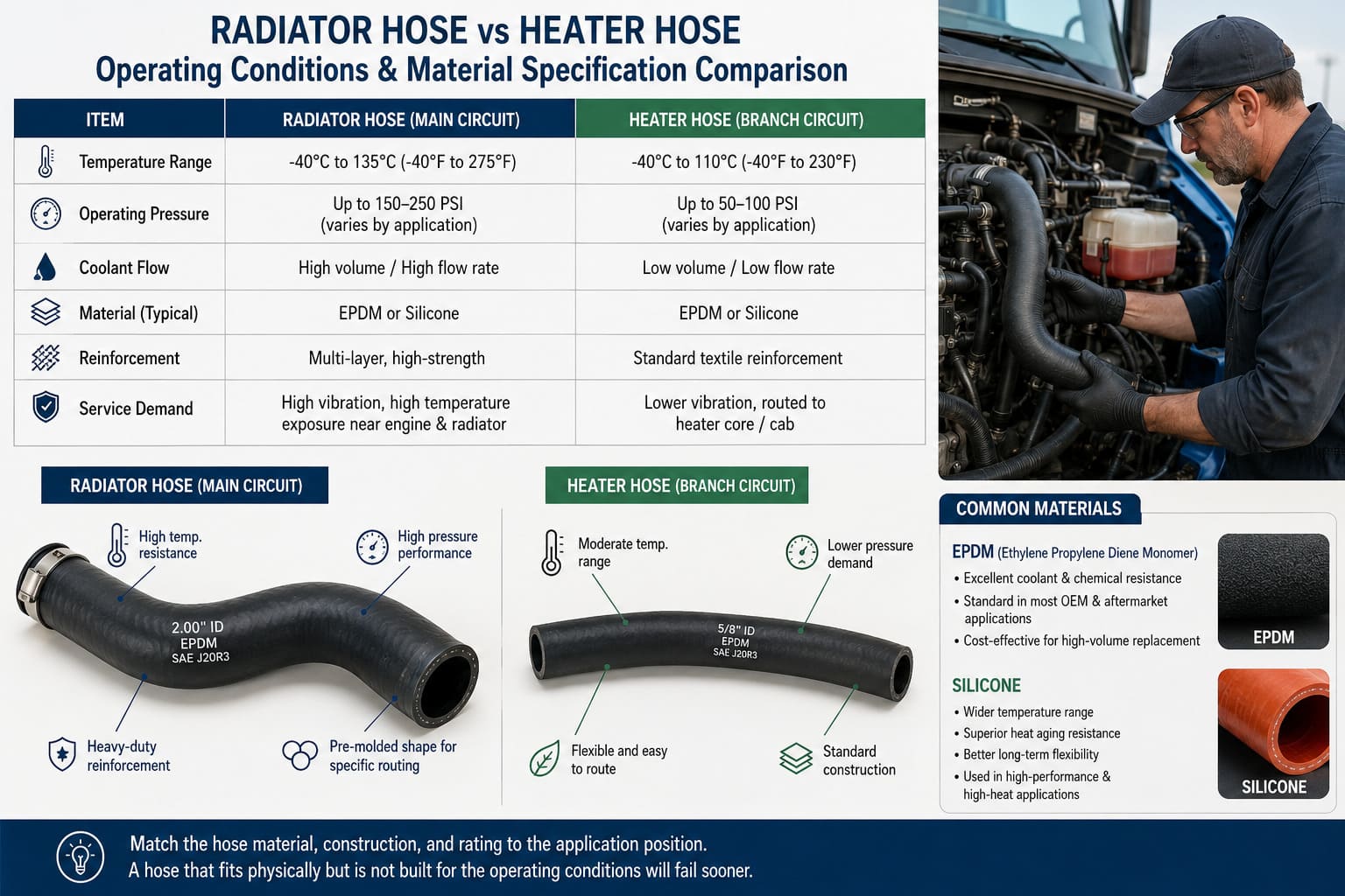 Coolant Hose Material and Operating Condition Chart coolant hose pressure temperature material specification comparison