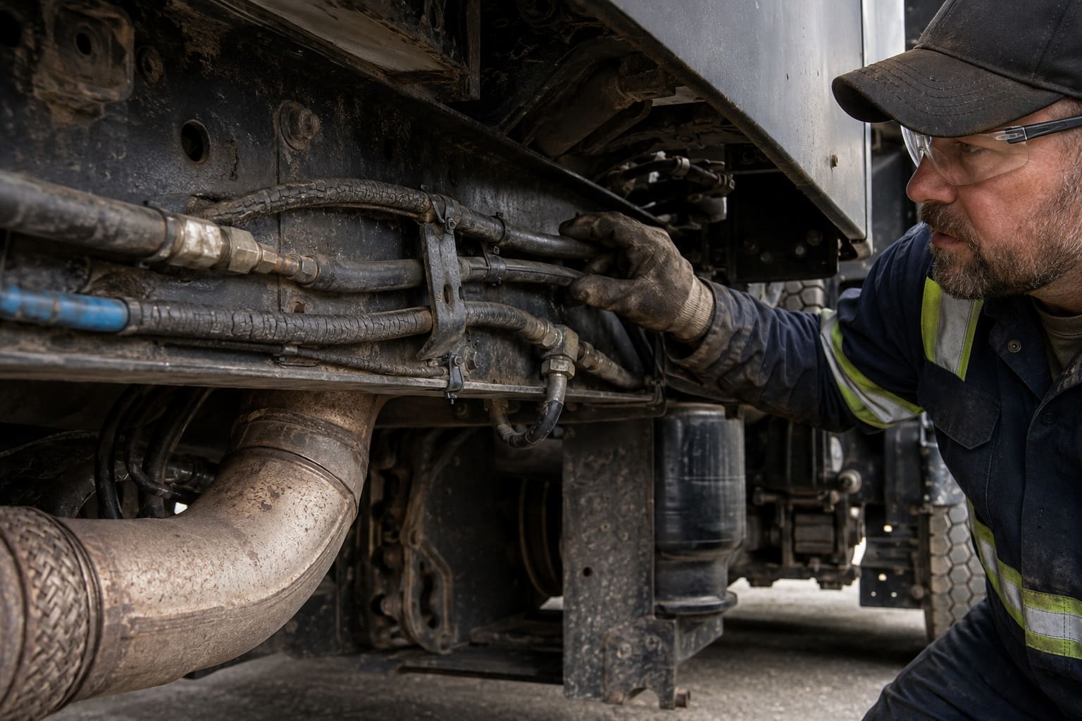 semi truck air line routing and risk points semi truck air lines routed along frame rail showing potential heat and abrasion exposure points