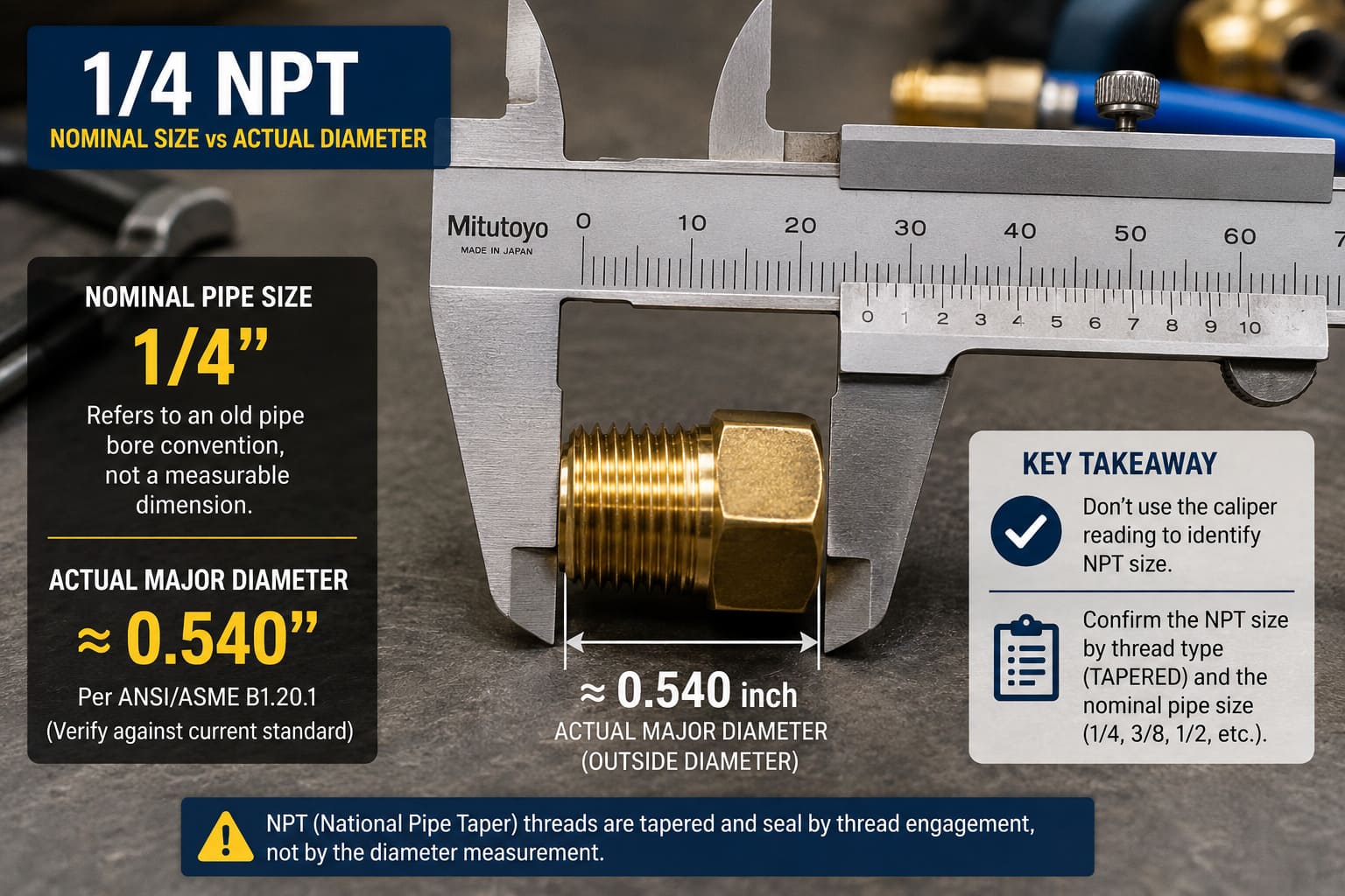 1/4 NPT Nominal Size vs Actual Thread Diameter 1/4 NPT brass fitting thread measurement confusion for truck air systems