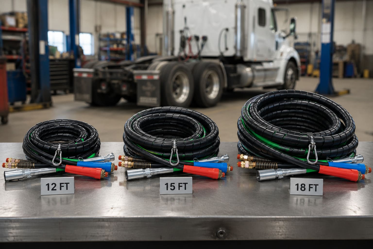 Air Power Line Length Comparison — 12 ft vs 15 ft vs 18 ft 12-foot 15-foot 18-foot air power lines comparison for heavy-duty trucks