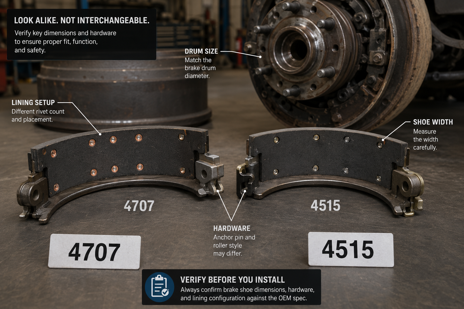 4707 and 4515 brake shoes comparison for heavy duty truck fitment verification