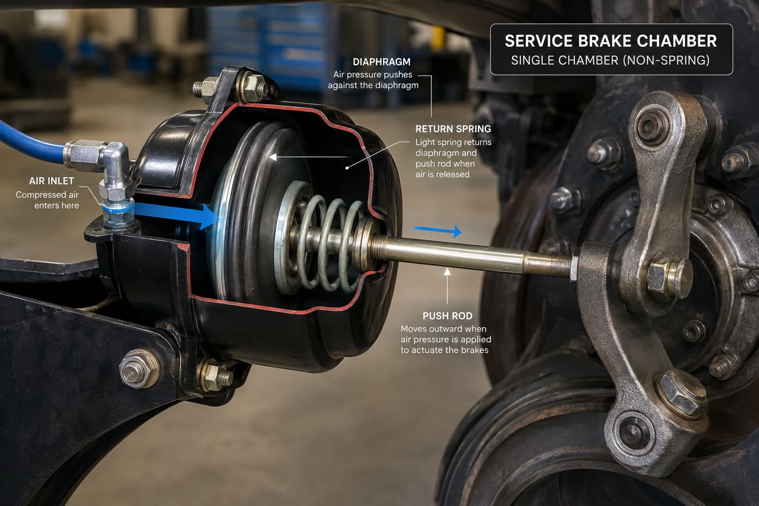 service brake chamber cross-section for heavy-duty truck air brakes