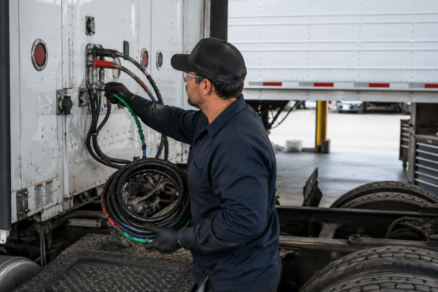 3-in-1 air power line installation efficiency repair shop installing 3-in-1 air power line assembly on heavy-duty truck trailer
