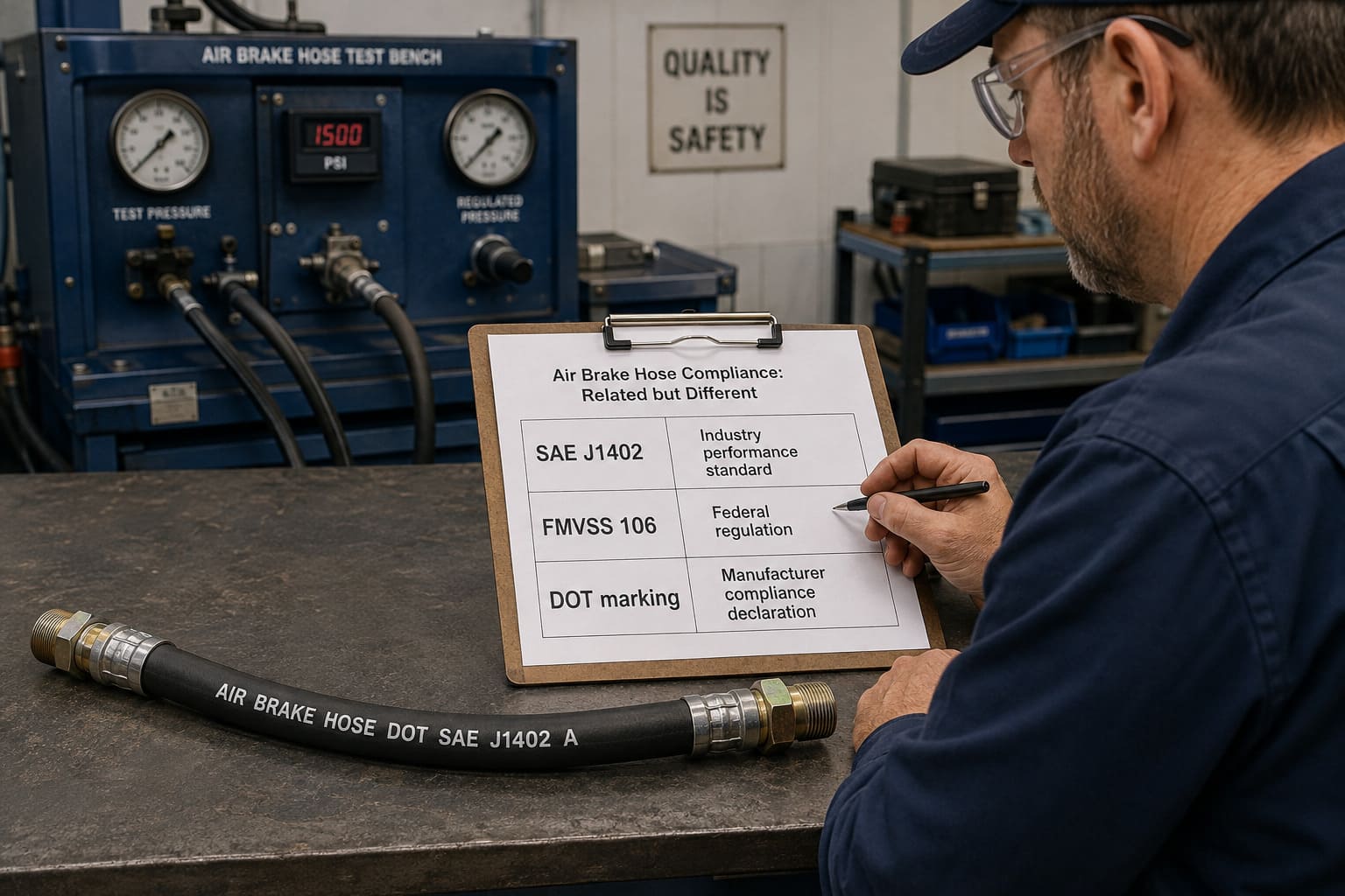 SAE J1402 DOT FMVSS air brake hose compliance comparison Comparison of SAE J1402 DOT and FMVSS roles in air brake hose compliance