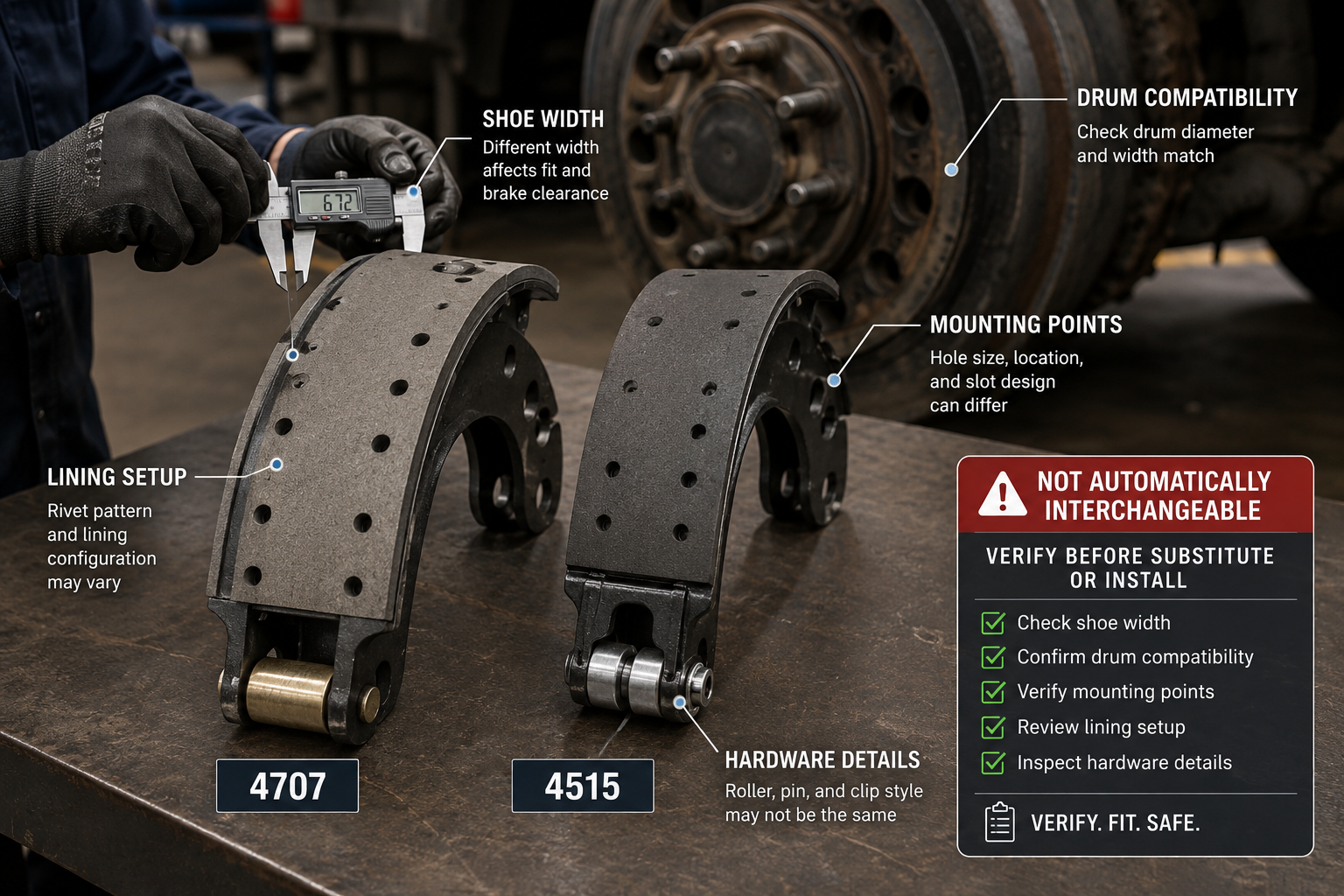 4707 and 4515 brake shoes interchangeability check for truck parts buyers