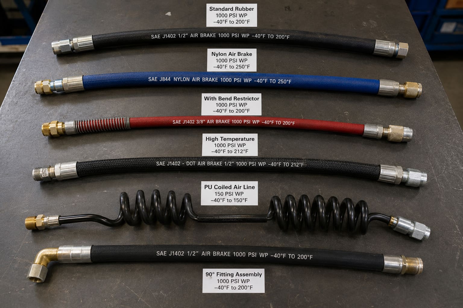 semi truck air line assemblies comparison various heavy duty semi truck air line assemblies with different fitting types and lengths