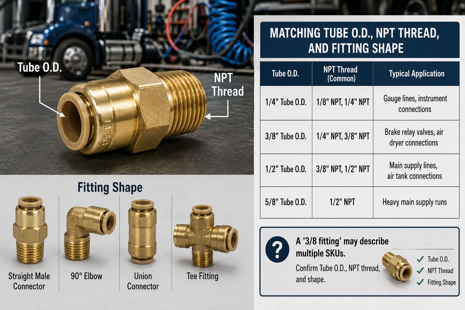 Matching tube O.D. and NPT thread size for DOT air fittings DOT air fitting tube OD and NPT thread matching diagram
