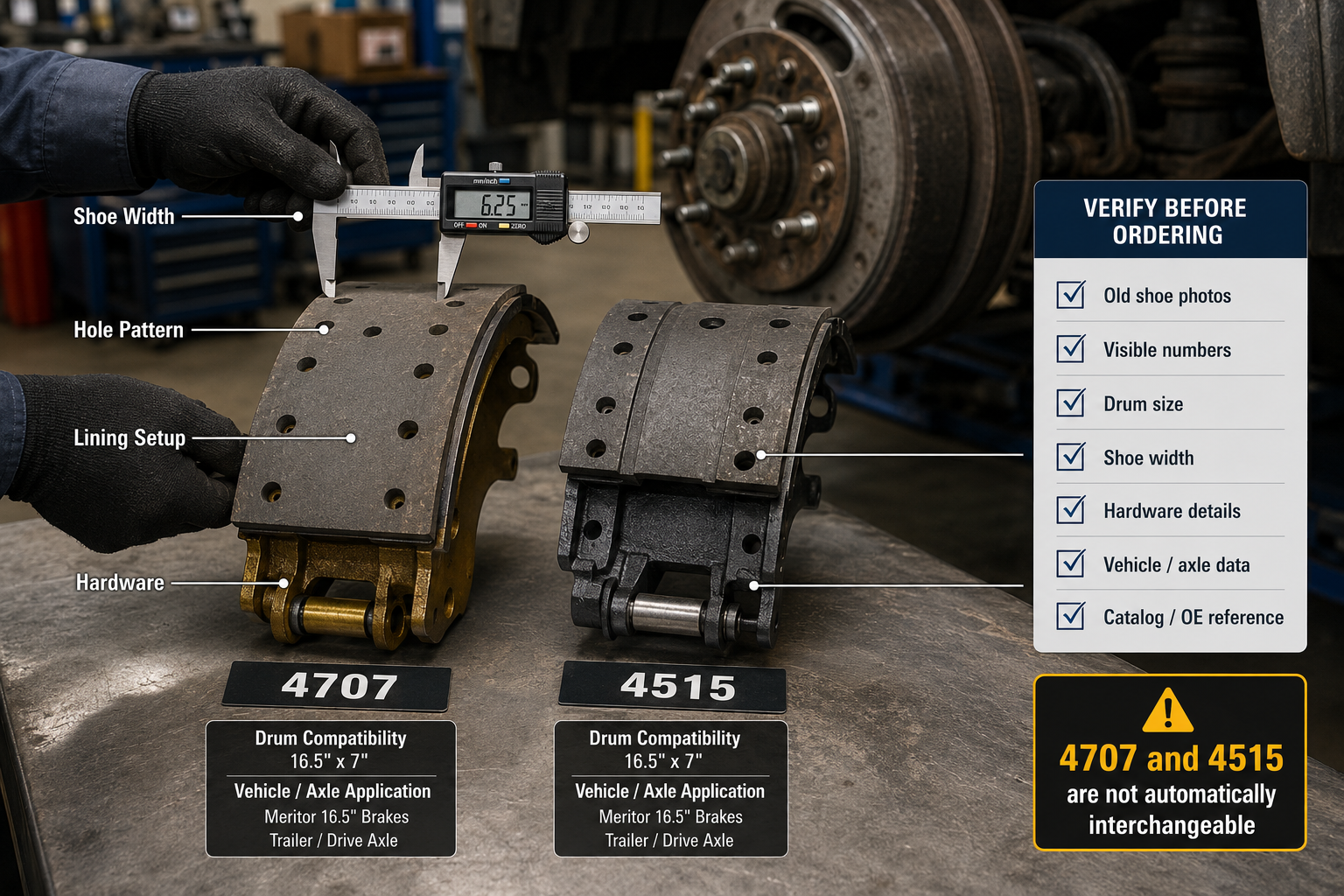 4707 and 4515 brake shoes dimensions hardware lining verification