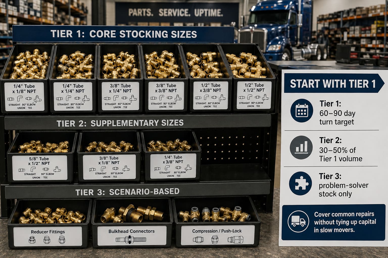 Tiered stocking strategy for DOT air fittings in heavy-duty truck aftermarket DOT air fitting inventory tiers for truck parts distributors