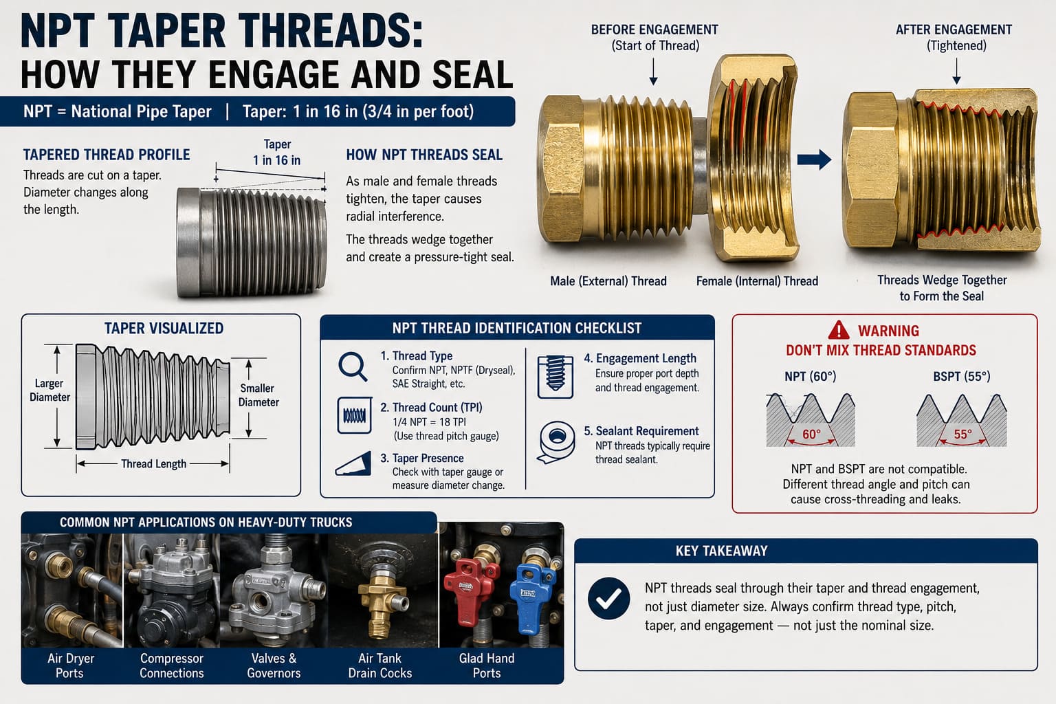 NPT Taper Thread Engagement and Sealing Mechanism NPT tapered thread engagement diagram for truck air line fittings