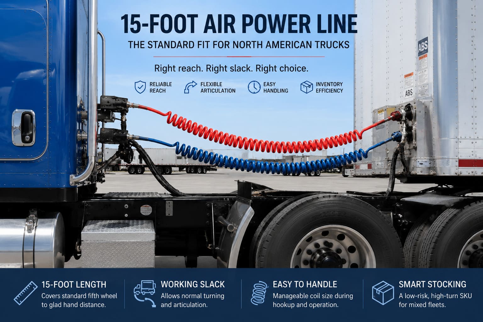 15-Foot Air Power Line — Standard Tractor-Trailer Fit 15-foot air power line for standard North American tractor-trailer configurations