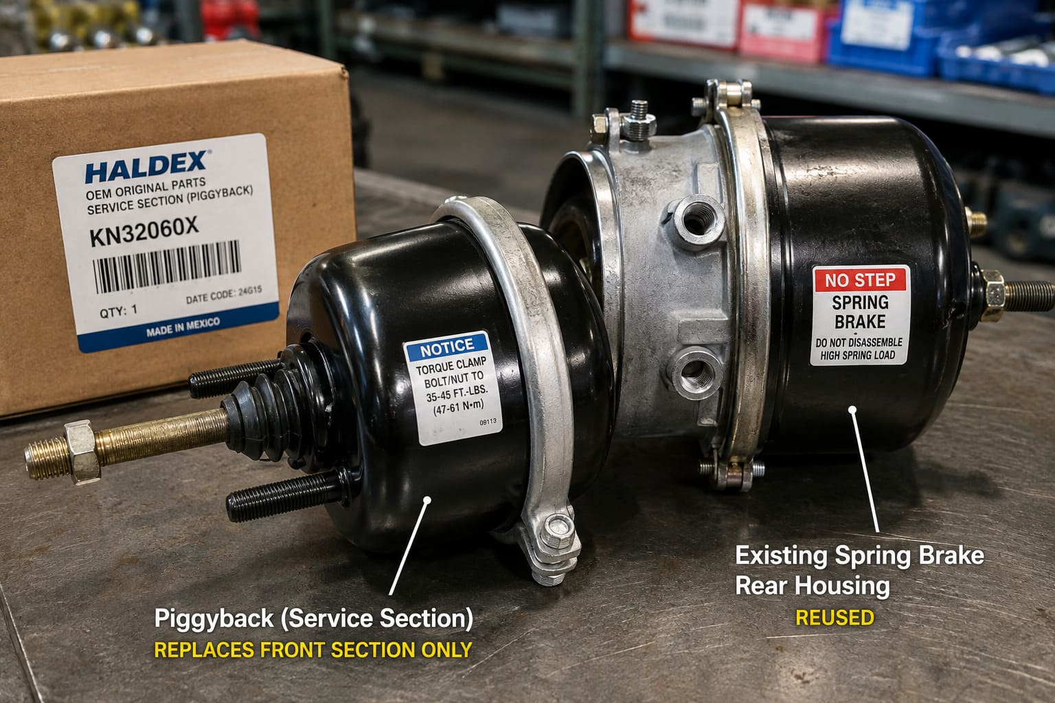 piggyback brake chamber service section for spring brake replacement