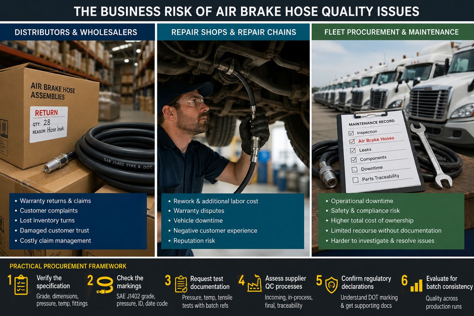 Air brake hose quality risk distributors fleets repair shops Business risk of air brake hose quality issues for distributors and fleets