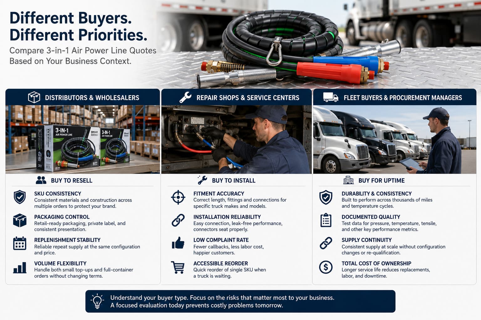 Buyer Type Priorities for 3-in-1 Air Line Procurement heavy-duty truck parts buyers distributor repair shop fleet comparison