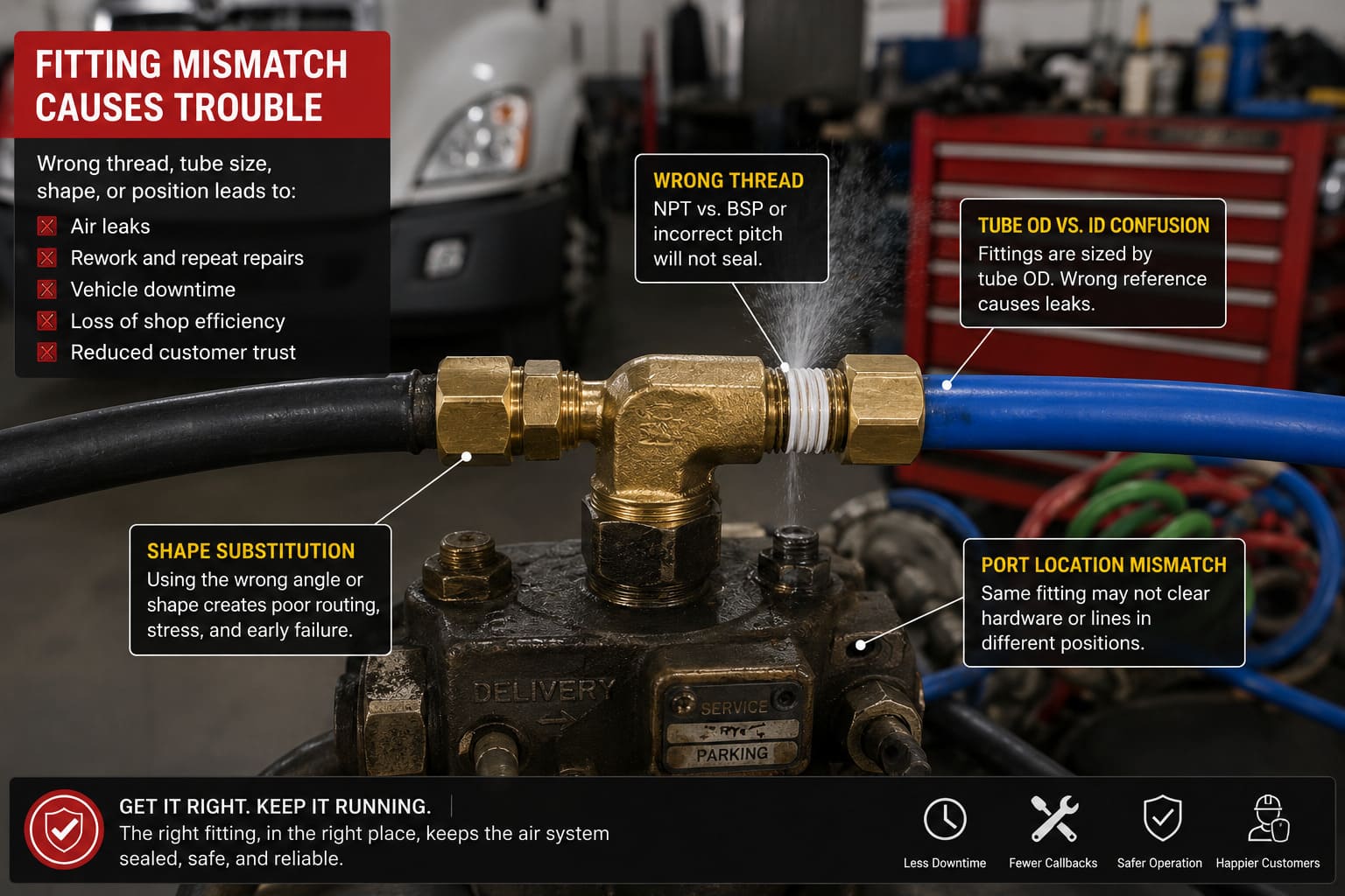 Brass Air Fitting Mismatch Risk in Heavy Truck Repair brass fitting mismatch causing air leakage in truck brake system