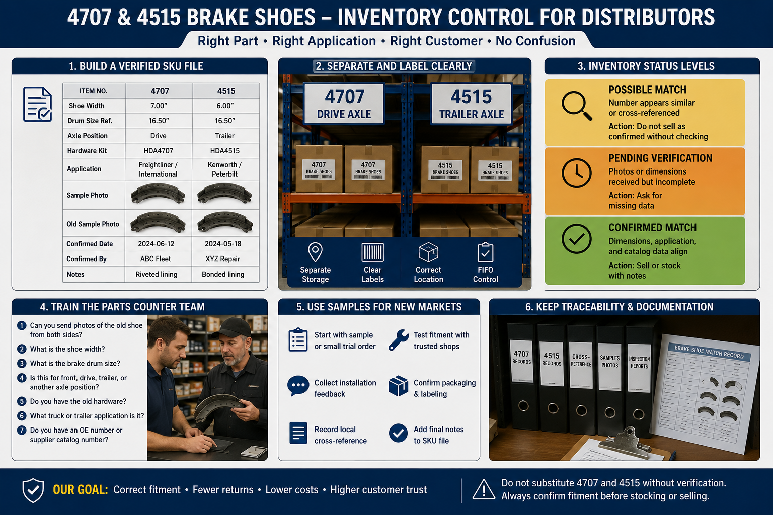 4707 and 4515 brake shoes inventory control for truck parts distributors