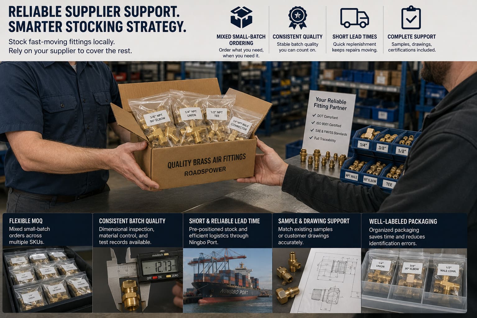 Brass Fitting Supplier Support for Truck Repair Shop Stocking brass air fitting supplier replenishment for truck parts distributor