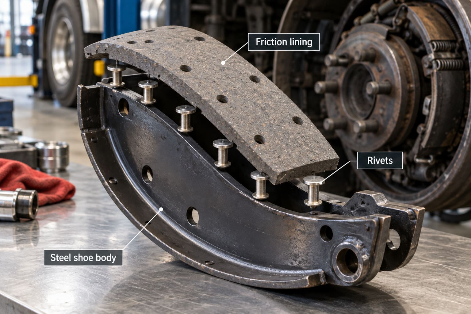 Truck Brake Shoe Construction Diagram truck brake shoe components steel body friction lining rivets