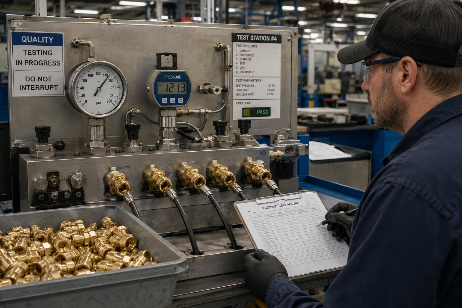 DOT air fittings pressure testing process in manufacturing facility DOT air fittings pressure testing on production line