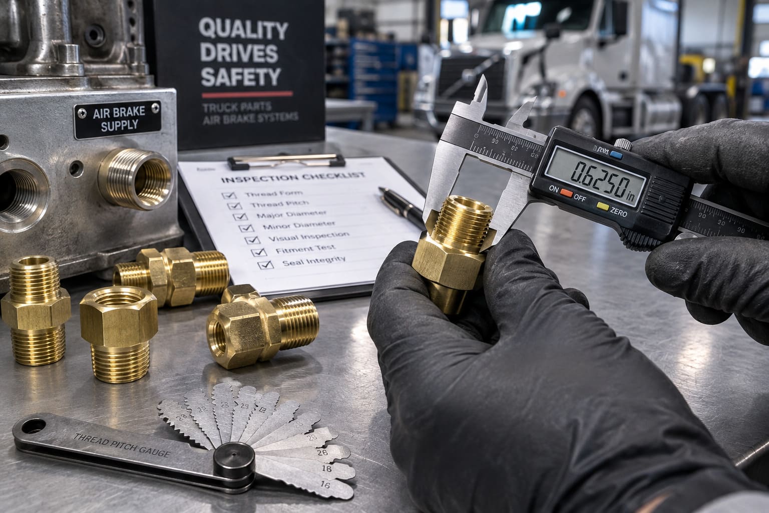 DOT air fittings thread accuracy inspection DOT air fittings with precision thread profiles for heavy-duty truck air systems