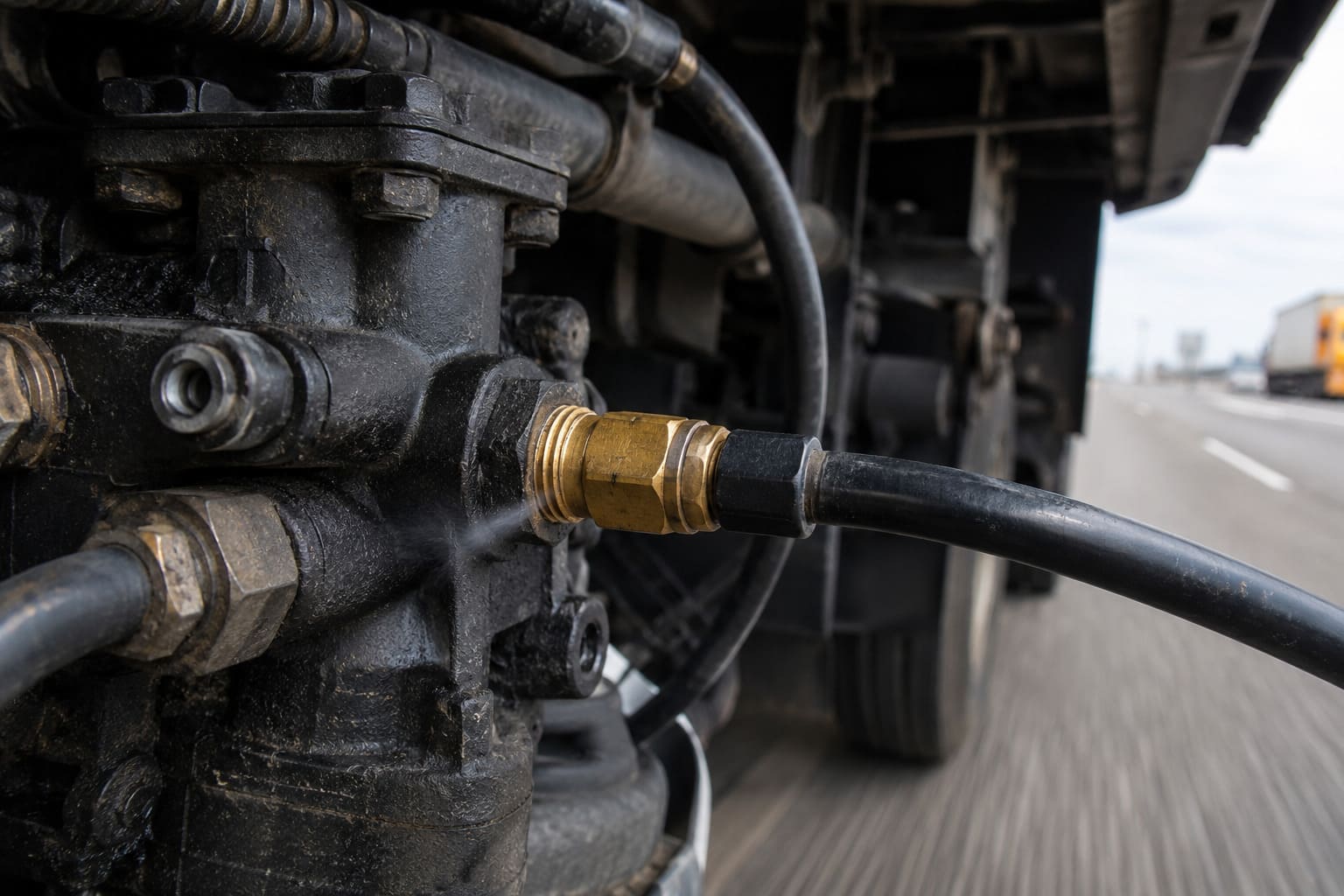 Vibration failure risk in truck air brake fitting thread and seal Close-up vibration failure risk in truck air brake fitting thread and seal interface