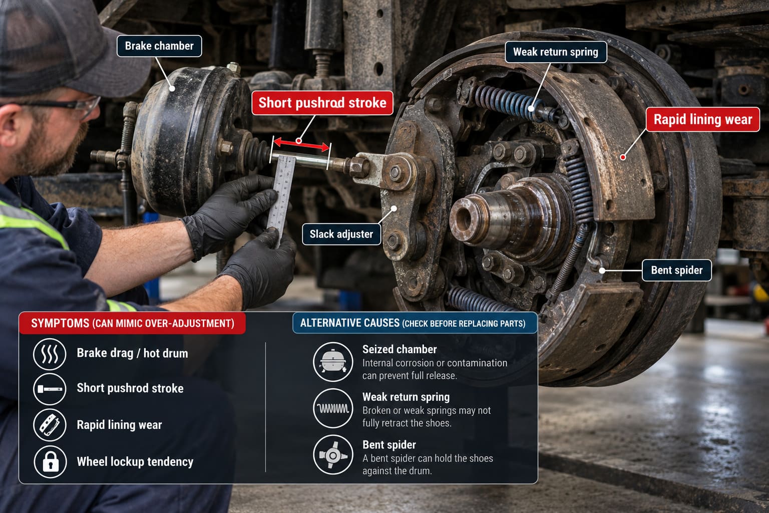 Differentiating brake drag from slack adjuster over-adjustment on commercial trucks heavy duty truck brake drag vs slack adjuster over-adjustment diagnosis