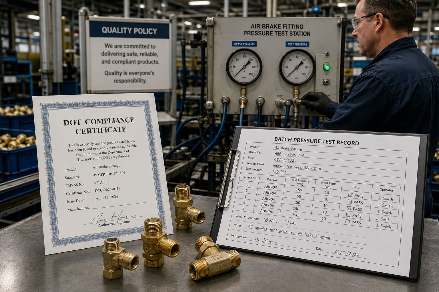 DOT certificate vs batch pressure test records for air fittings DOT certification documents vs in-process pressure test records comparison