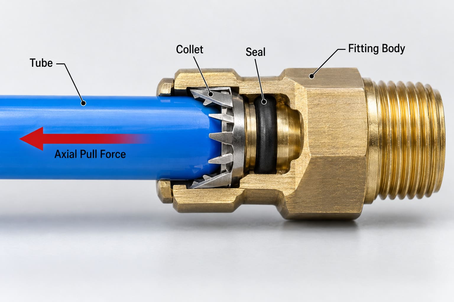 Push-to-connect fitting cross-section showing collet and seal under pull-out force diagram of push-to-connect fitting components under axial load