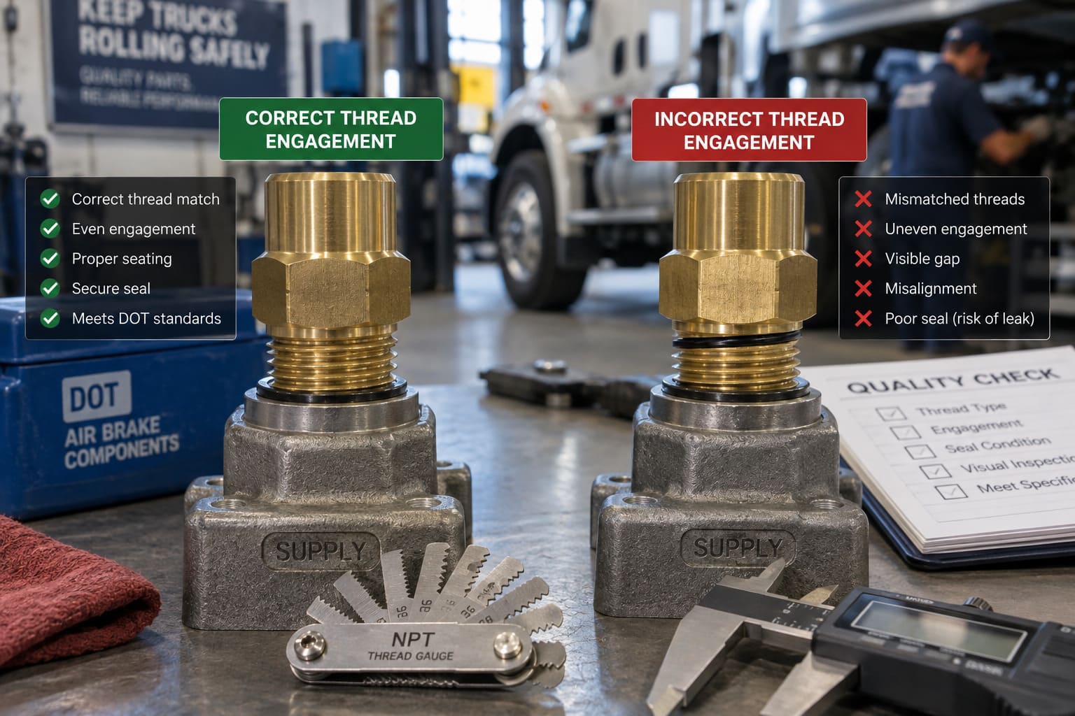 correct vs incorrect thread engagement in air fittings Comparison of correct thread engagement versus poorly machined thread showing gaps and misalignment