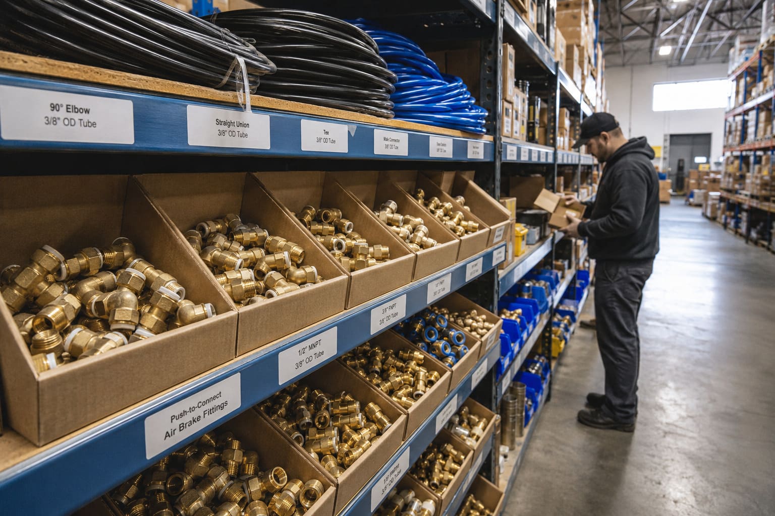 Distributor warehouse inventory of heavy-duty truck air brake fittings Distributor warehouse inventory of heavy-duty truck air brake fittings