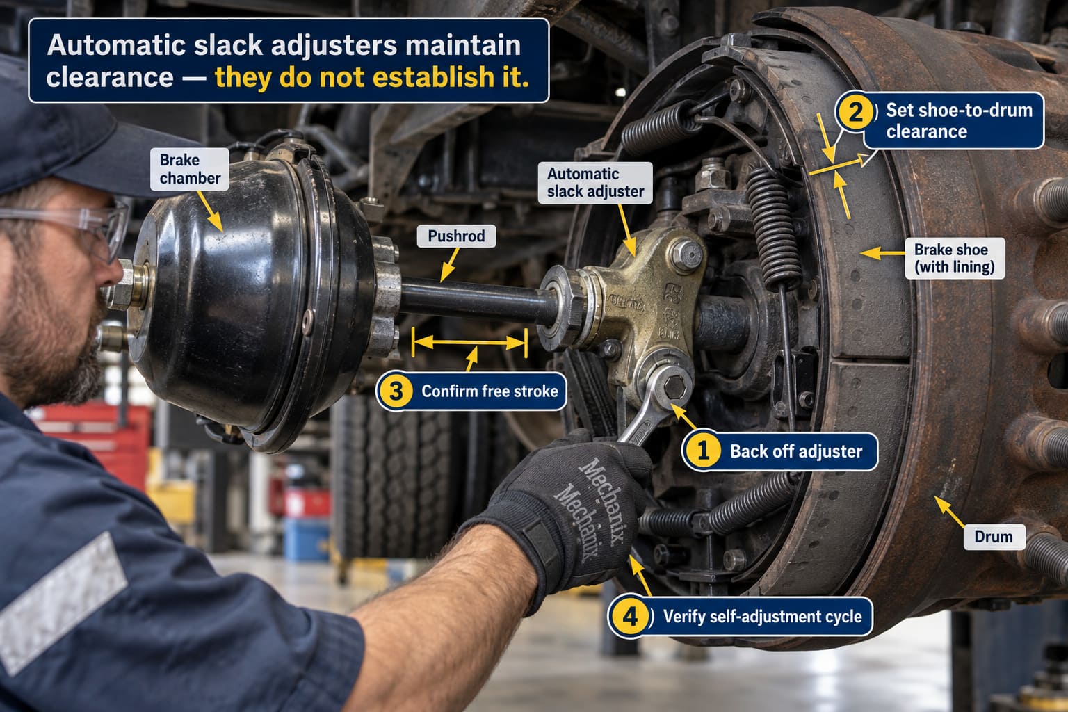 Correct initial brake clearance setup for automatic slack adjuster installation initial slack adjuster setup and brake clearance adjustment heavy duty truck