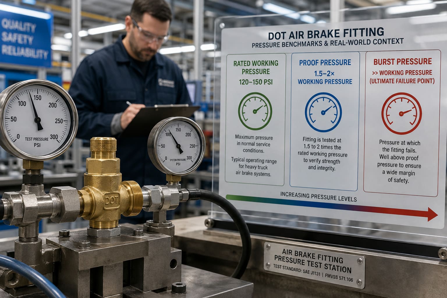 working pressure vs proof pressure vs burst pressure diagram for DOT air fittings pressure testing diagram showing working pressure vs proof pressure vs burst pressure for truck air fittings