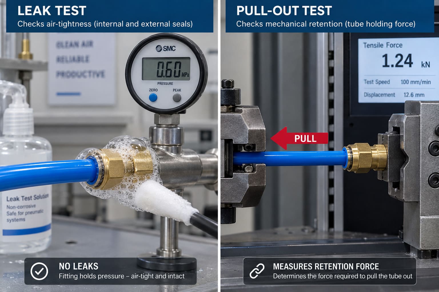 Comparison of air leak testing and pull-out resistance testing for push-to-connect fittings leak test vs pull-out test comparison for pneumatic push-to-connect fittings