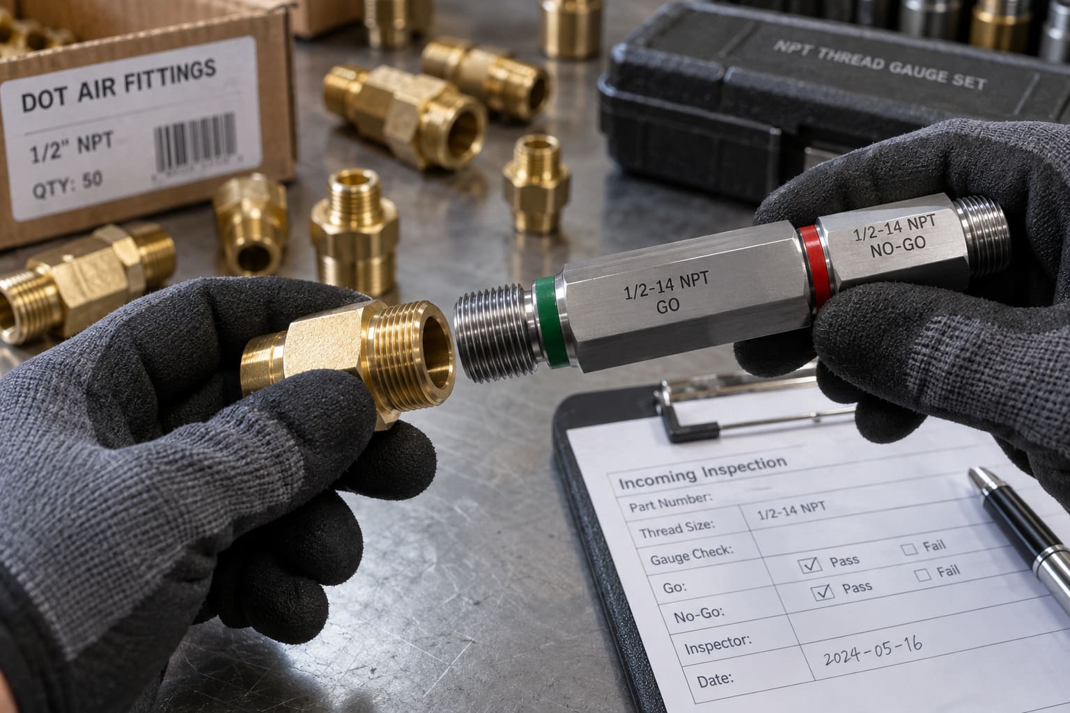 thread gauge inspection for DOT air fittings Go/No-Go thread gauge checking DOT air fitting thread accuracy during quality inspection