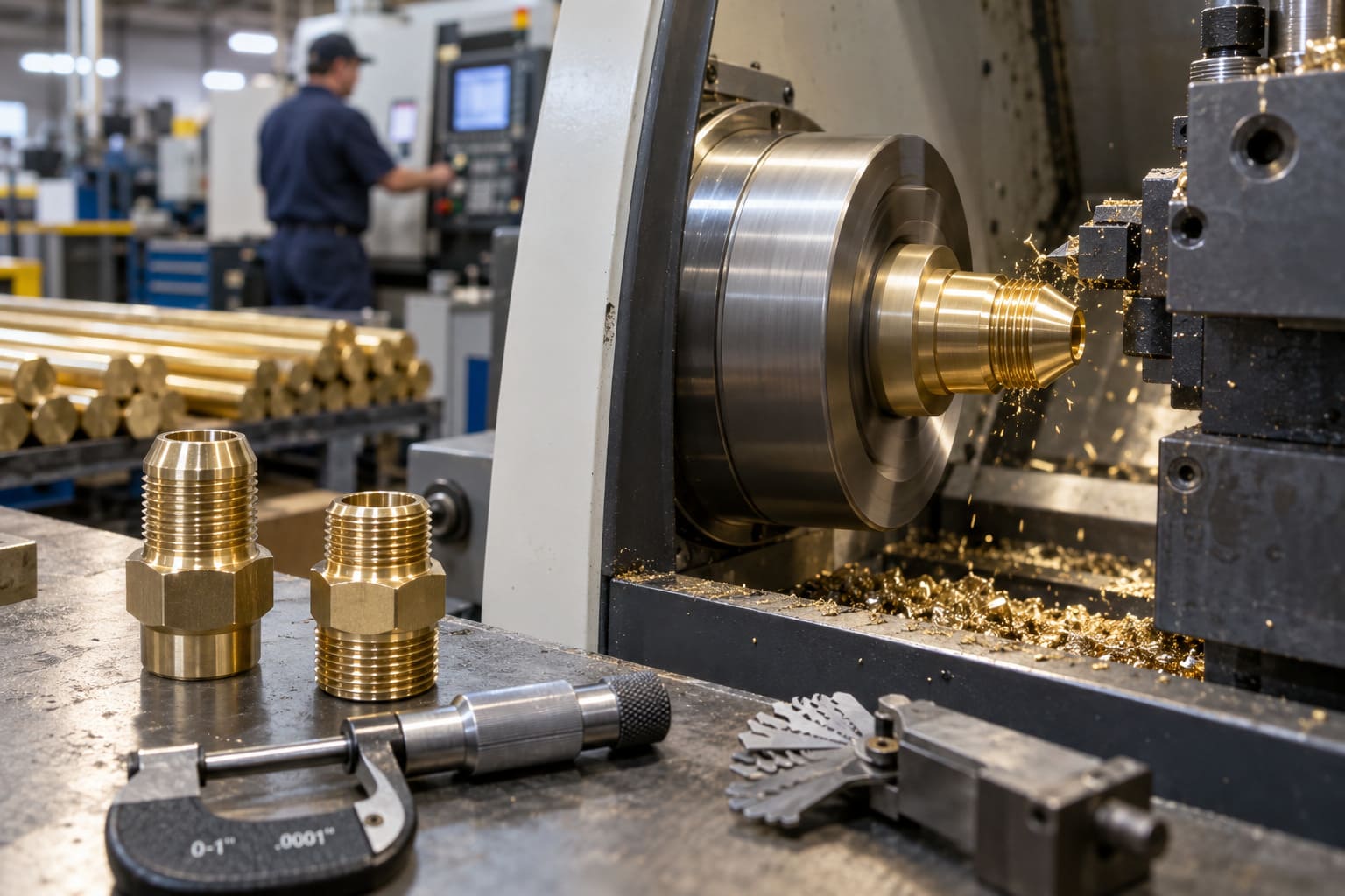 Brass air fitting thread machining quality control CNC turning of brass air fitting showing thread formation and sealing taper