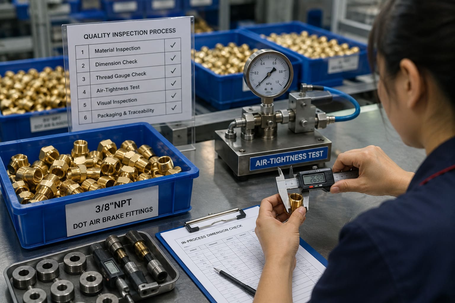 Quality inspection process for truck air brake fittings Quality inspection process for truck air brake fittings in manufacturing facility