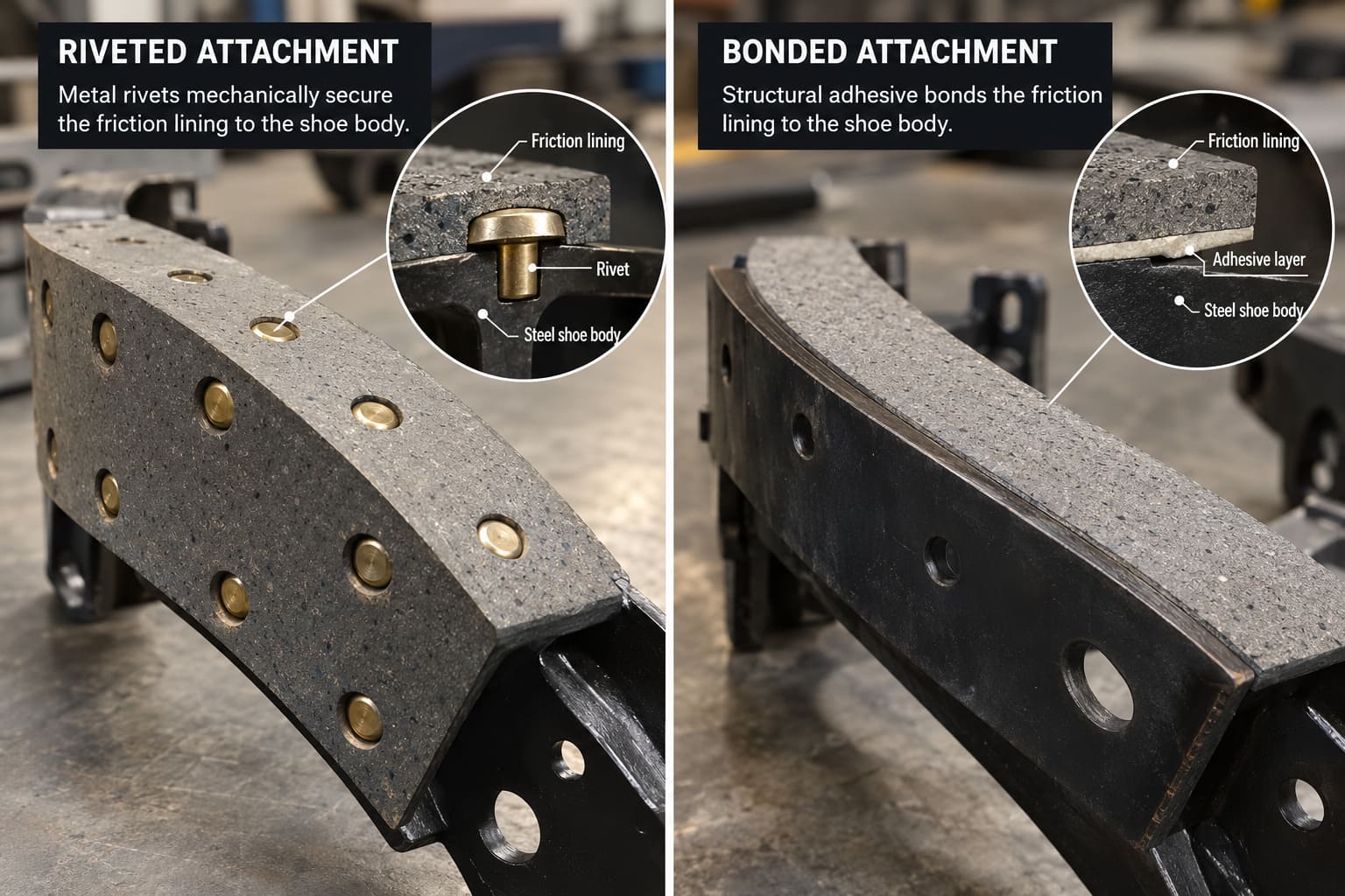 Truck Brake Shoe Rivet vs Bond Attachment Method riveted vs bonded brake shoe lining attachment method comparison