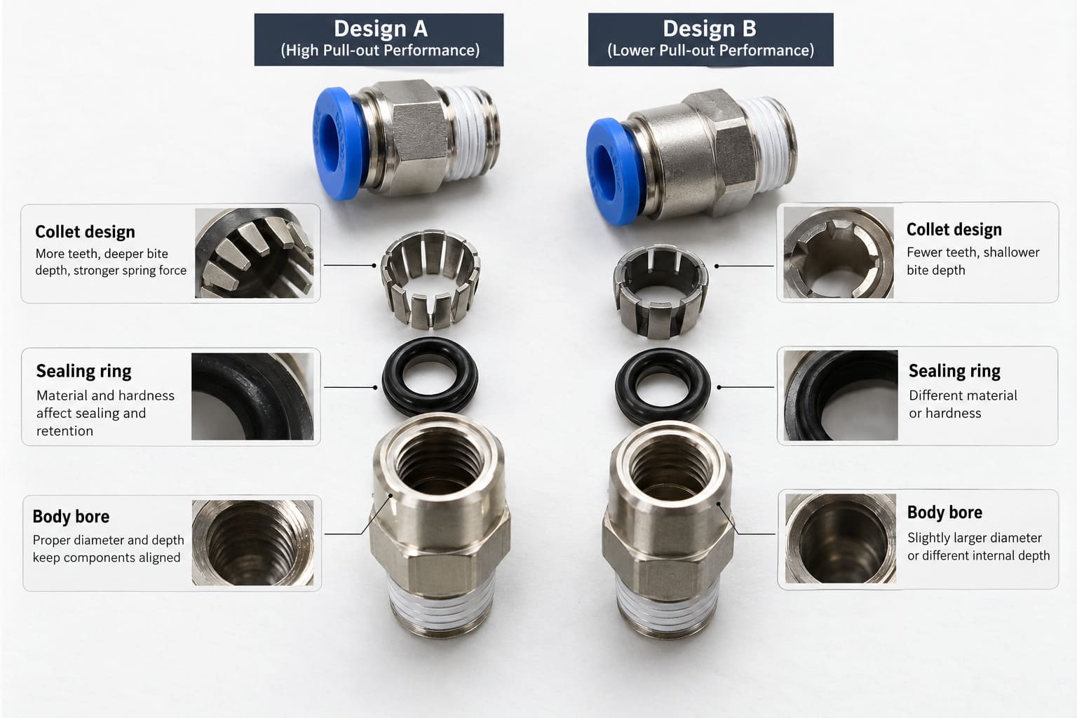 Internal collet and seal variation between push-to-connect air fitting designs comparison of push-to-connect fitting collet designs