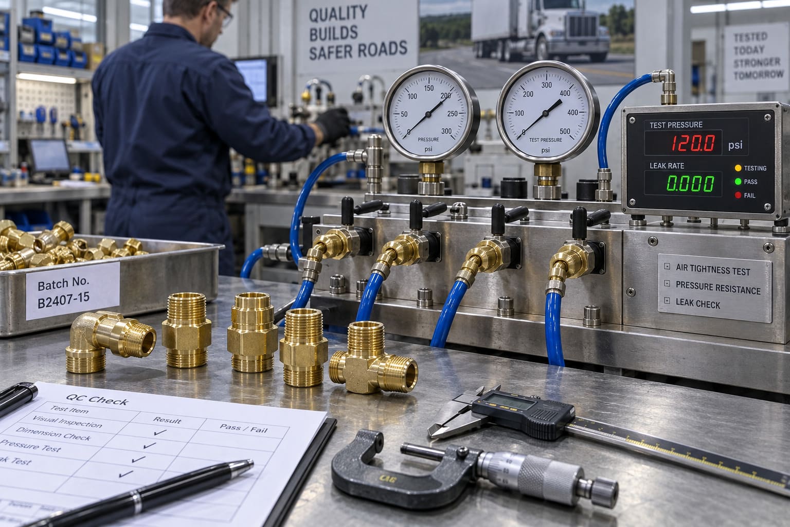 Brass air fitting pressure and leak testing quality control air tightness and pressure testing of brass fittings in quality control lab