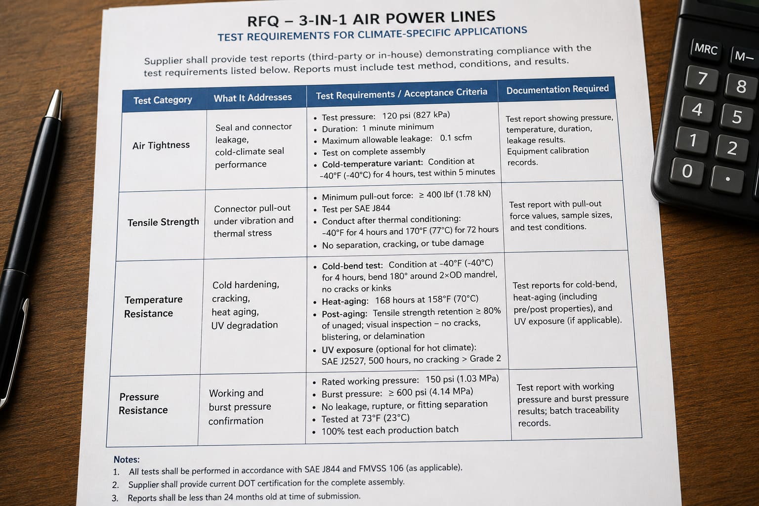 Test requirements in RFQ for climate-specific air power lines RFQ test requirements for air power lines