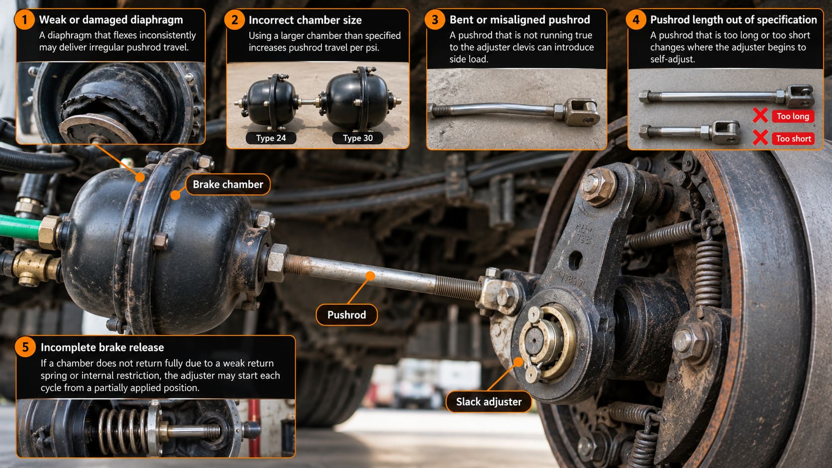 Brake chamber and pushrod travel effect on automatic slack adjuster behavior brake chamber pushrod travel slack adjuster interaction heavy duty truck brakes