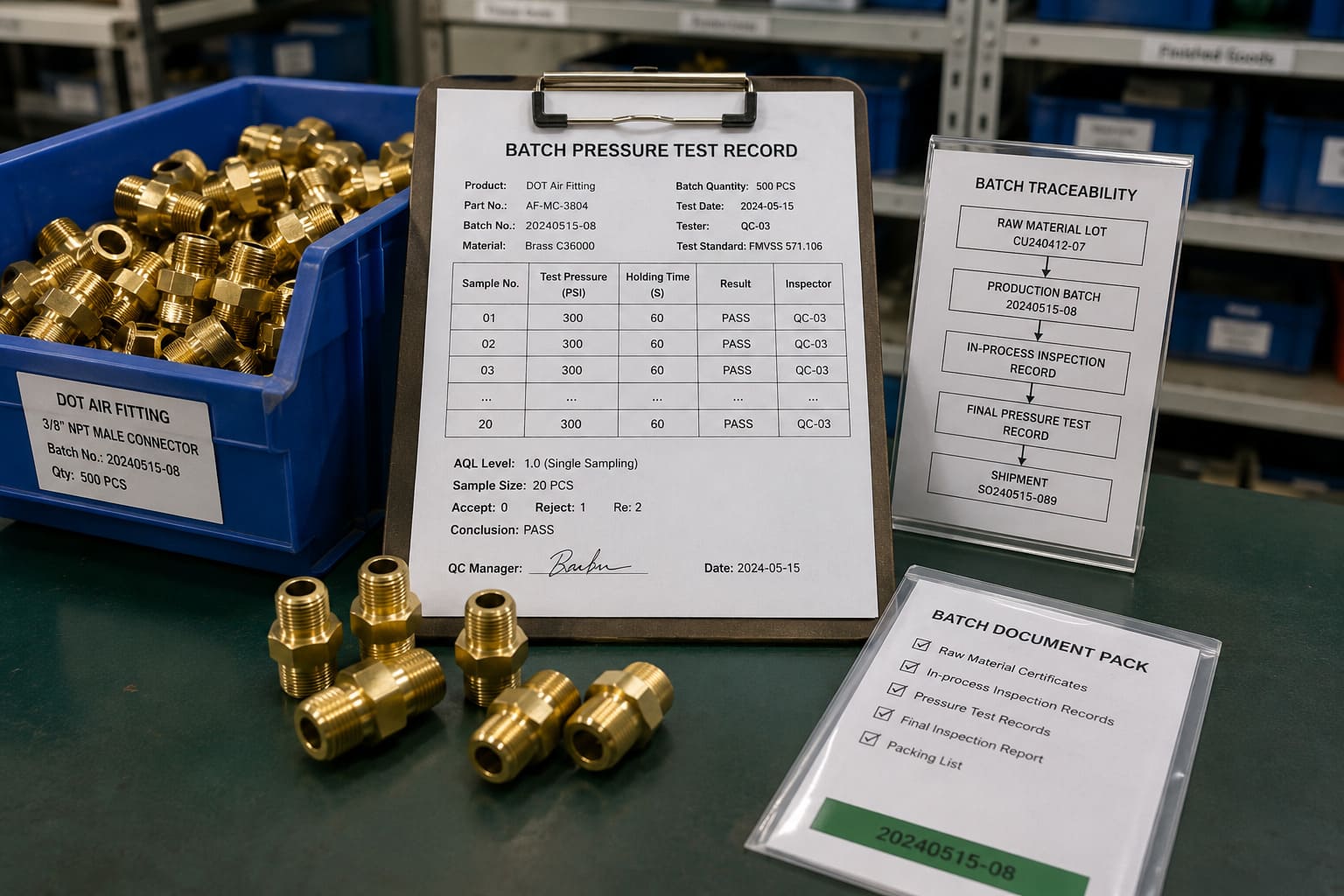 batch pressure test records and traceability documentation for DOT air fittings batch traceability records for DOT air fittings pressure testing