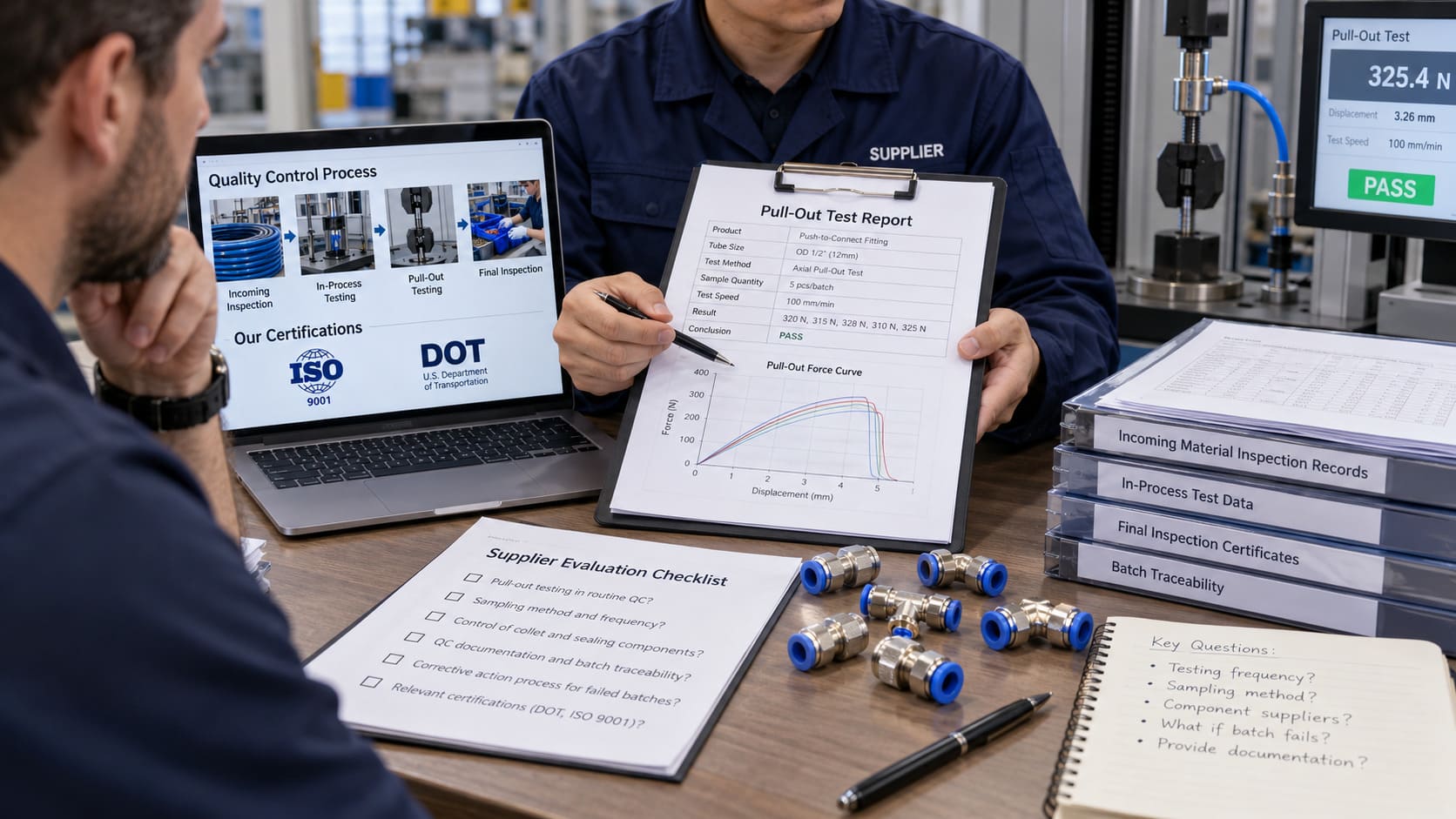 Procurement evaluation of push-to-connect fitting supplier quality control documents procurement manager reviewing air fitting quality documentation